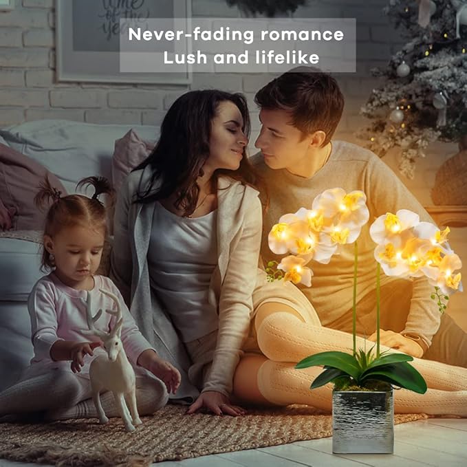 HOMESEASONS Orchid Lamp-LED Lighted Orchid Arrangements,Pre Lit Artificial Orchid,Light Up Flower Lights, Faux Orchid Phalaenopsis Arrangement (White)