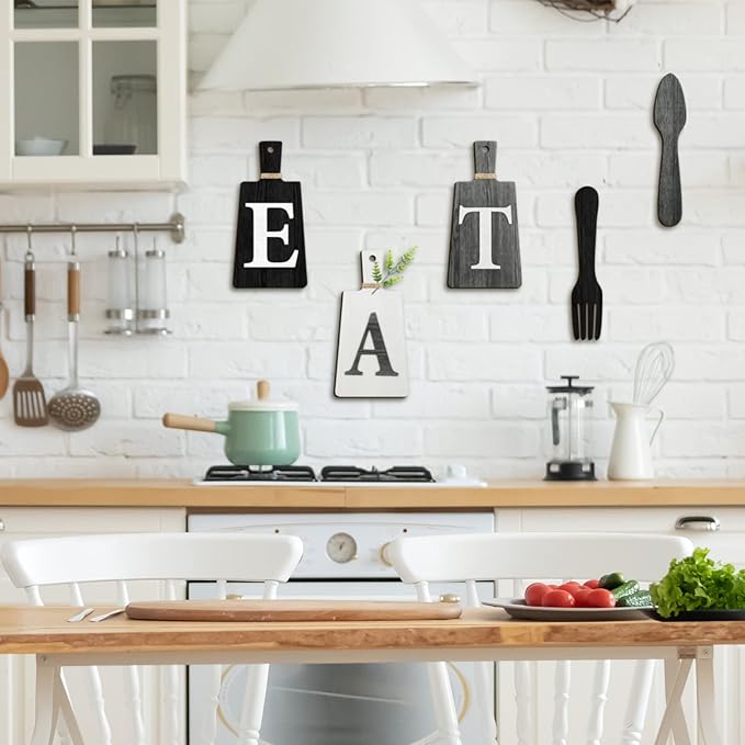Jetec Cutting Board Eat Sign Set Hanging Art Kitchen Eat Sign Farmhouse Fork and Spoon Wall Decor Rustic Primitive Country Kitchen Decor for Home over Cabinet Decoration(Black, White, Gray)