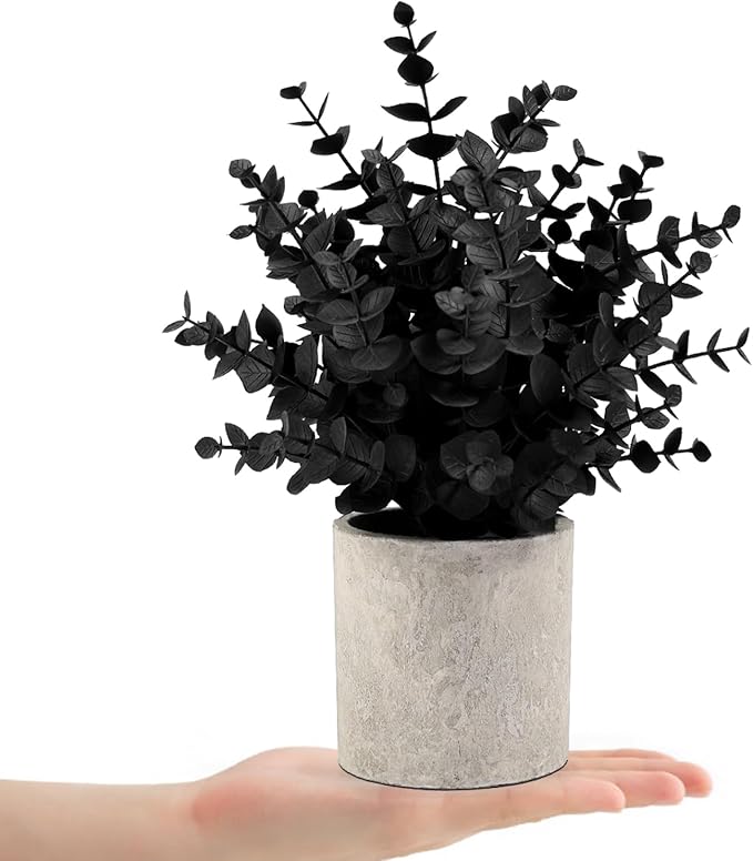 Coferset 2 Pack Black Fake Eucalyptus Small Fake Plants Potted Artificial Plants for Halloween Shelf Desk Home Farmhouse Room Coffee Table Decor Bathroom Decor (Black)
