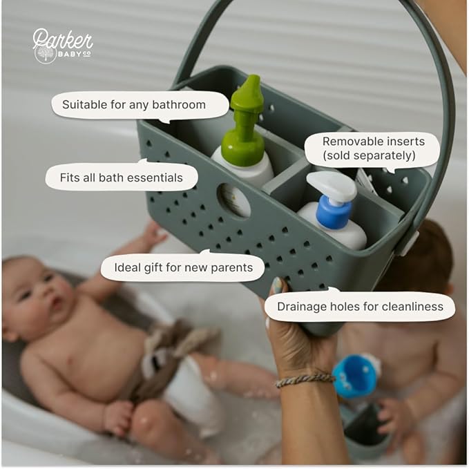 Parker Baby Bath Caddy | BPA Free & Food Grade Shower Caddy Organizer for Toys & Supplies | Quick-Dry, Sturdy & Perfect Size Shower Basket w/Handle in Neutral Colors