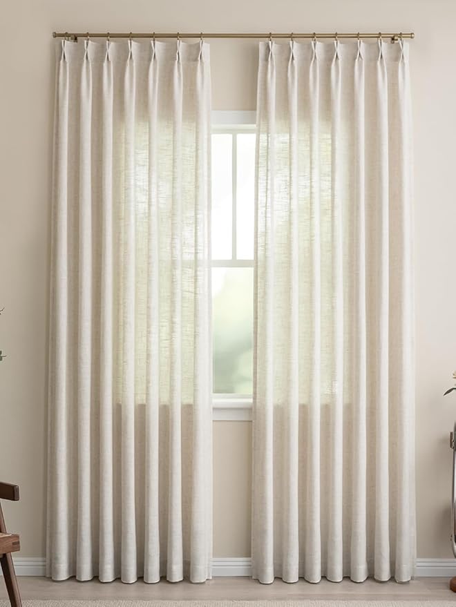 Liz Sheer Pinch Pleated Linen Curtains 95 Inches Long - Light Filtering Pleat Curtains for Living Room,Window Curtains for Bedroom, Luxury Pinch Pleated Drapes with Hooks, Natural, 2 Panels Set