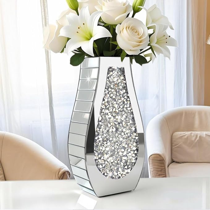 ALLARTONLY Flower Vase Crushed Diamond Mirrored Vase Crystal Silver Glass Decorative Mirror Vase Large Size Luxury for Home Decor. Arc-Shaped Thickened. Can’t Hold Water.
