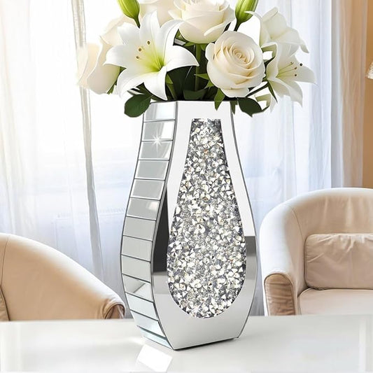 ALLARTONLY Flower Vase Crushed Diamond Mirrored Vase Crystal Silver Glass Decorative Mirror Vase Large Size Luxury for Home Decor. Arc-Shaped Thickened. Can’t Hold Water.
