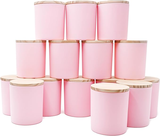 SHOWIN 10 OZ Thick Candle Jars for Making Candles 15 Pcs, Empty Jars with Wood Lids for Candle Making, Sample Container, Matte Pink
