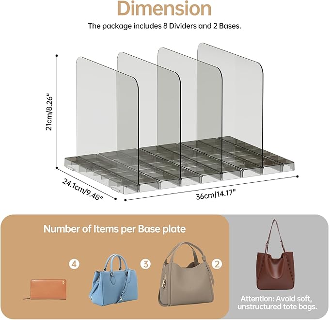 PAVSTINE Purse Organizer for Closet, Stackable Handbag Storage Shelf, Adjustable Clear Shelf Dividers, Keep Clutch, Bag, Pocketbook Upright, for Bedroom (Black)