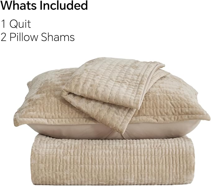 BEDELITE Velvet Quilt Set Queen Size - Luxury Soft Velvet Comforter Bedding Set for All Season, Lightweight Quilted Channel Stitch Oversized Bedspread Coverlet with 2 Matching Shams, Taupe