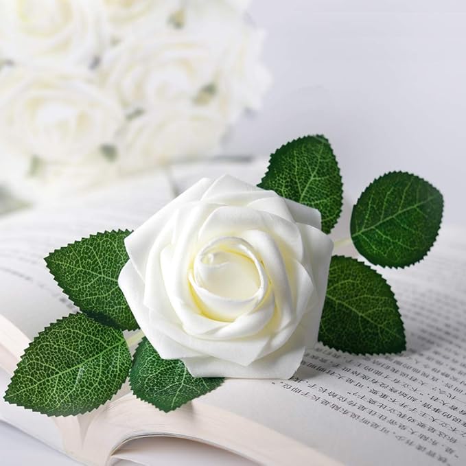 Mocoosy 50Pcs White Rose Artificial Flowers, Ivory Roses for Decorations, Real Touch Fake Rose with Stems Bulk DIY Wedding Bouquet Bridal Shower Mother's Day Floral Arrangement Party Home Decor
