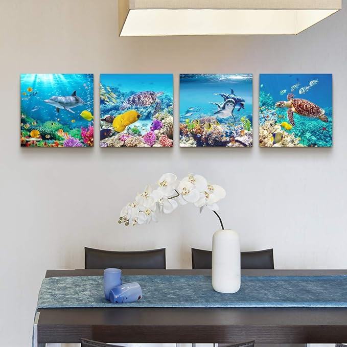 MHARTK66 Canvas Wall Art - Coral and Fish Modern Home Decor Stretched and Framed Ready to Hang Ocean Theme Sea fish and sea turtles Mediterranean Style Canvas Prints The bathroom wall decor- 4 Panels
