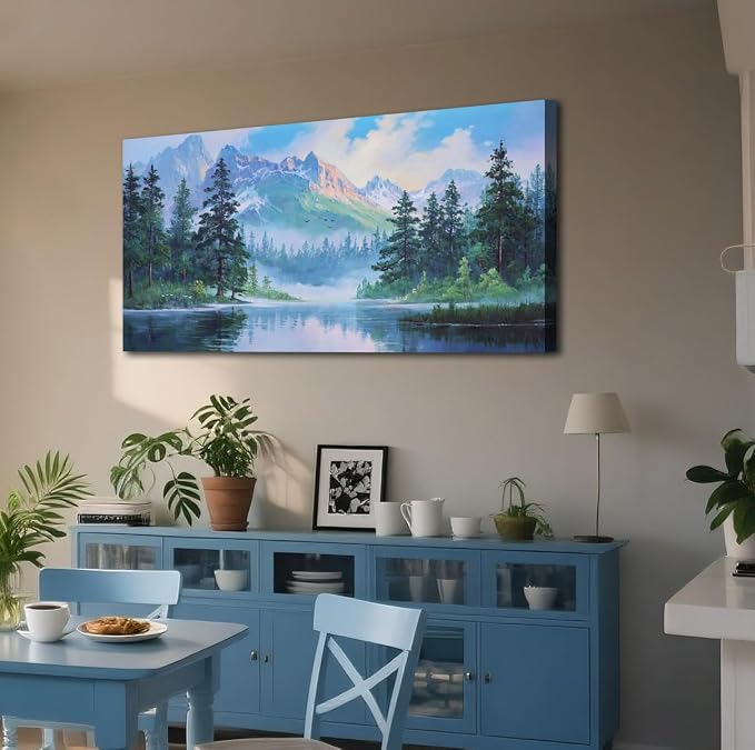 Acocifi Landscape Canvas Wall Art for Living Room 40"x20" Blue Painting | mountain lake forest nature scenery picture pine trees modern wall decor bedroom kitchen artwork framed ready to hang
