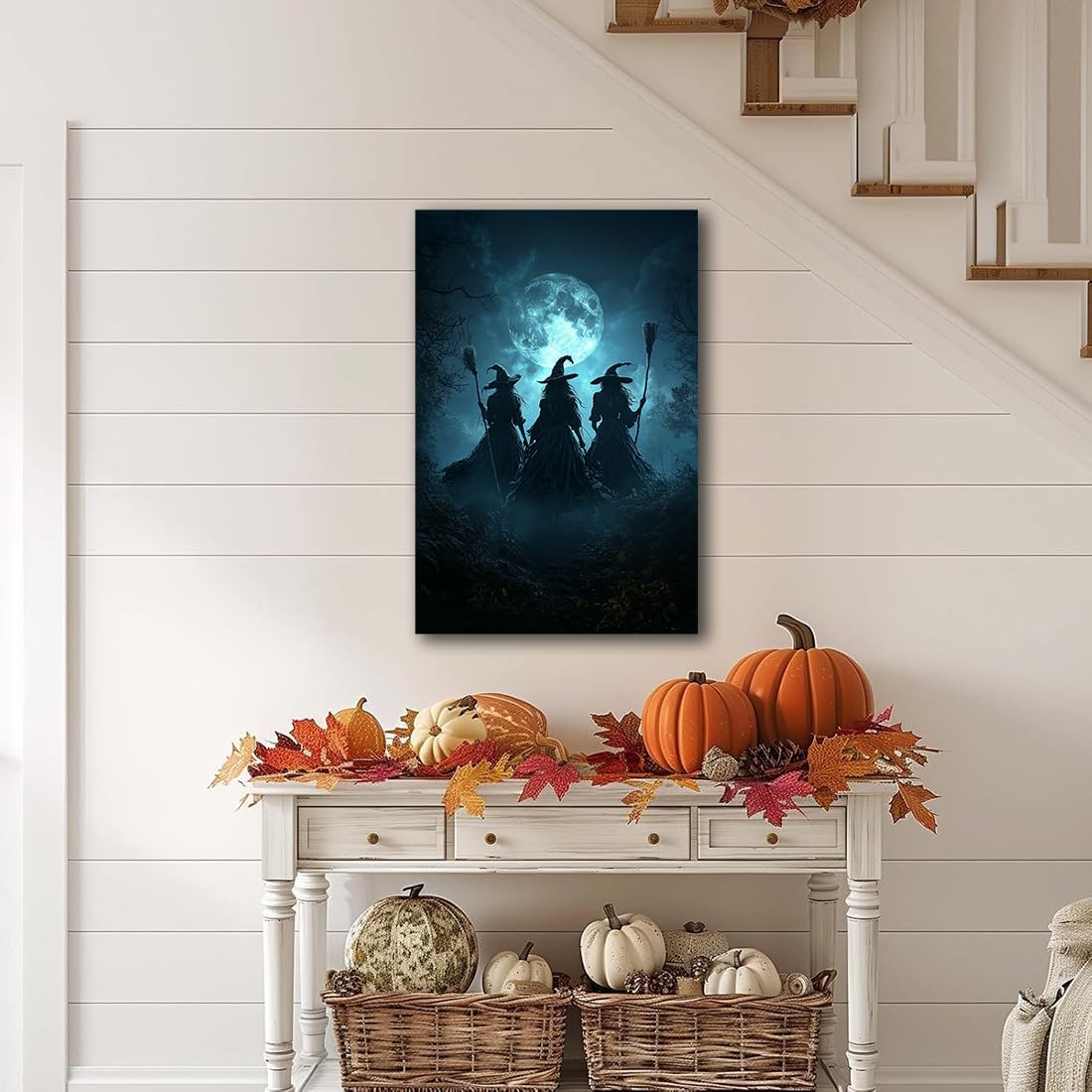 Moonlight Witches Halloween Canvas Art Picture,Three Witches on Broom in Forest Painting Print Gothic Decor,Halloween Witch Poster Witchy Room Aesthetic Bedroom Home Decorations,16"x24" Unframed