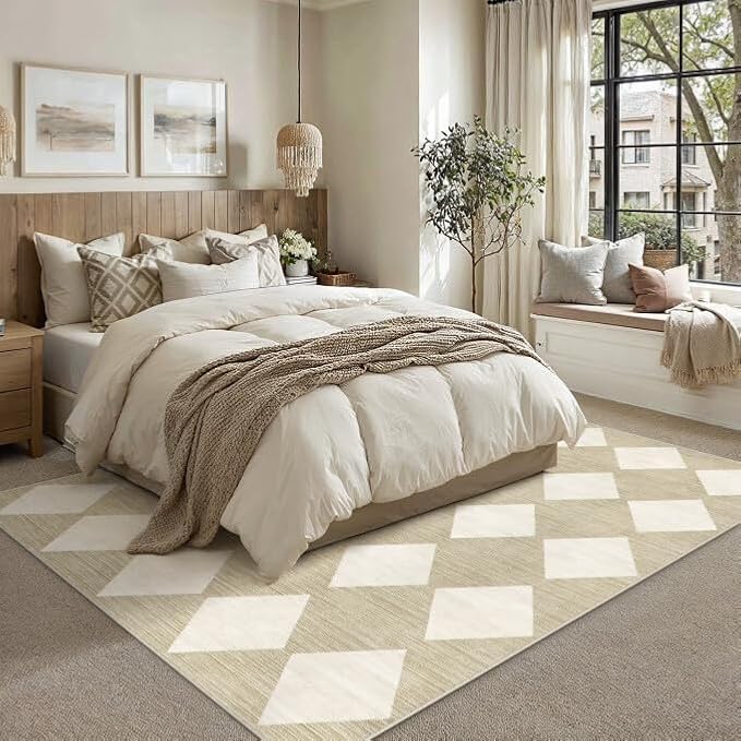 PureCozy Machine Washable Beige 5x7 Area Rugs for Living Room Modern Soft Large Checkered Rug Non-Slip Low Pile Accent Indoor Office Carpet for Bedroom Dining Room Nursery Classroom