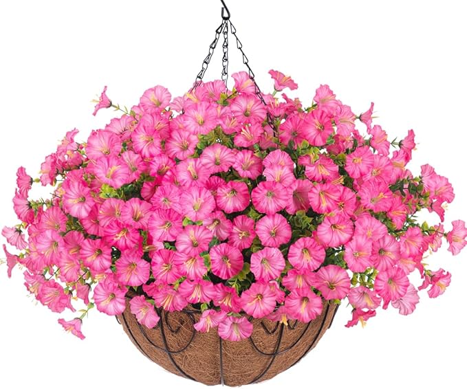 Artificial Faux Hanging Flowers Plants Baskets for Outdoors, Fake Silk Morning Glory Eucalyptus in Planter UV Resistant Realistic Outdoor Flowers for Outside Porch Patio Balcony Garden Yard Home Decor