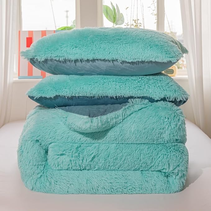 chovy Faux Fur Plush Sky Blue Comforter Sets Queen - Ultra Soft Shaggy Flannel Velvet Fluffy Fuzzy 3PC Bedding Set (Comforter x 1 Pillowcases x 2)
