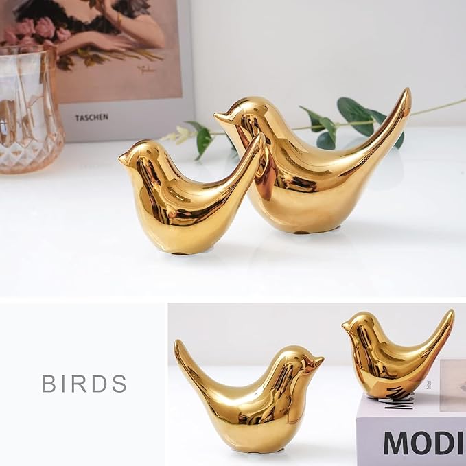 2 Pcs Ceramic Small Bird Figurines Modern Animal Statues for Home 、Room Decor and Bedroom Decor and Bookshelf Display (Gold)