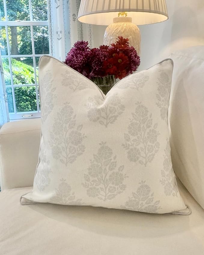 Jillien Harbor “The Patty” Floral Block Print Pillow Cover – Neutral Gray Decorative Throw Pillow Cover with White Background – Grandmillennial Home Decor, 20" x 20"