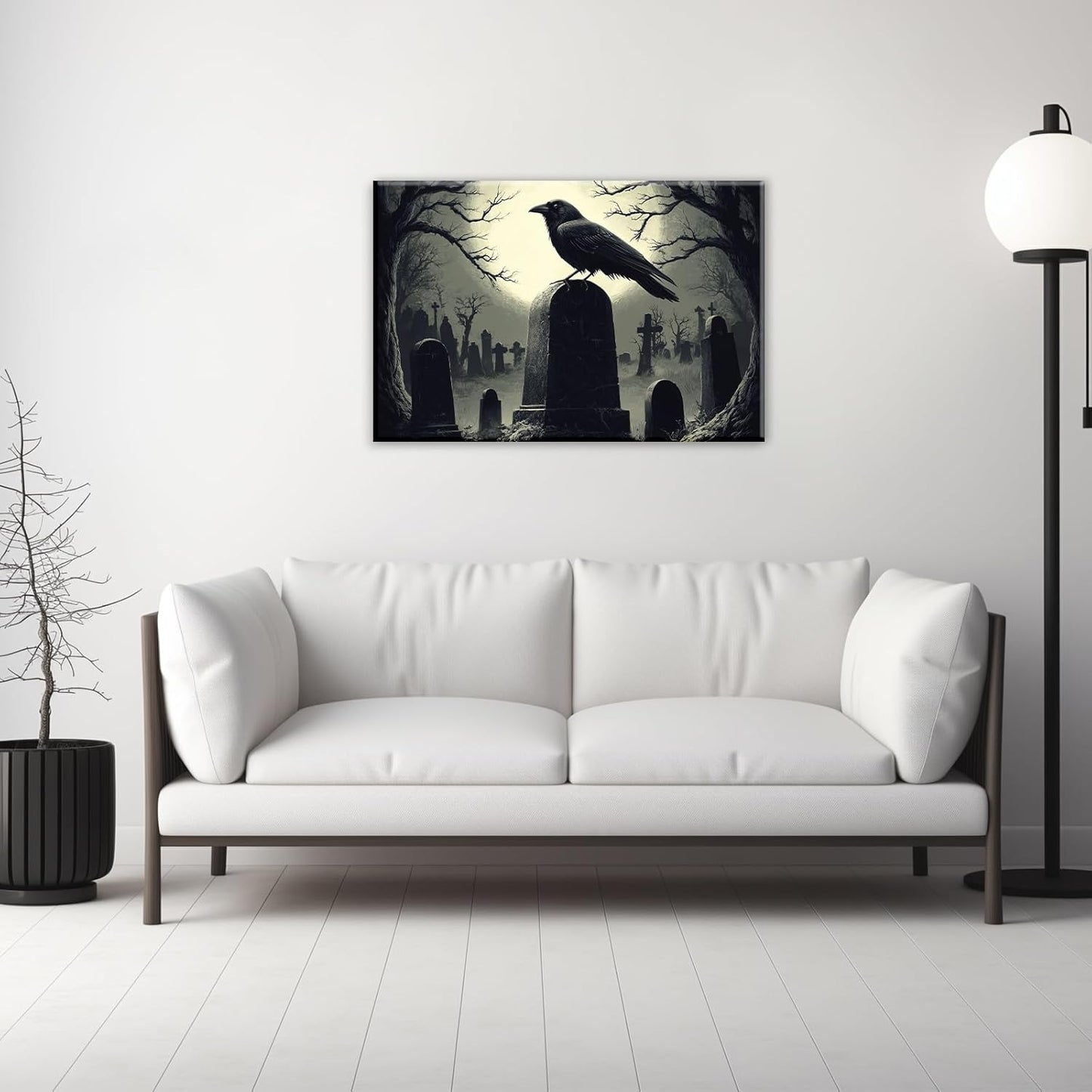 Crow Canvas Wall Art Gothic Black Bird On Branch Painting Print Spooky Forest Full Moon Scenery Poster Artwork Framed Halloween Home Decor(Artwork-3,28"x42")