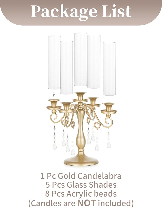 Sziqiqi Gold Candelabra Candle Holder: 5 Arm Vintage Candelabras Wedding Centerpieces for Table - Candlestick Candle Holders with Hurricane Glass for Table Centerpiece Christmas Party Event