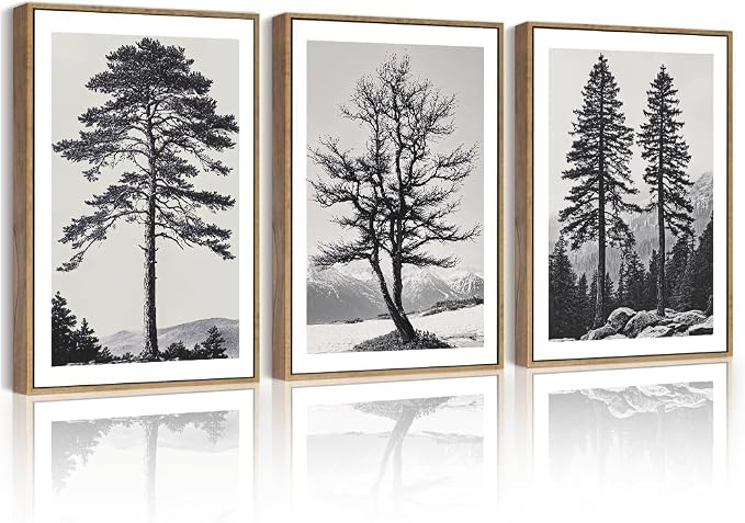 PHOPAGO Vintage Antique Tree Framed Wall Art Black and White Retro Forest Wall Decor Nature Wilderness Sketch Paints Modern Decor - 11x14in Natural Framed