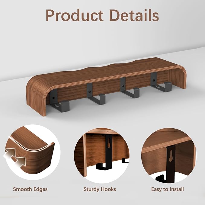 Coat Rack Wall Mount with Hidden Hooks, Wall Hooks with Shelf, Wall Key Holder Mount Wooden Shelf Entryway Hooks for Bedroom Bathroom for Hanging Coats Hats Bags Towels (Walnut Wave-Shape, 4 Hooks)
