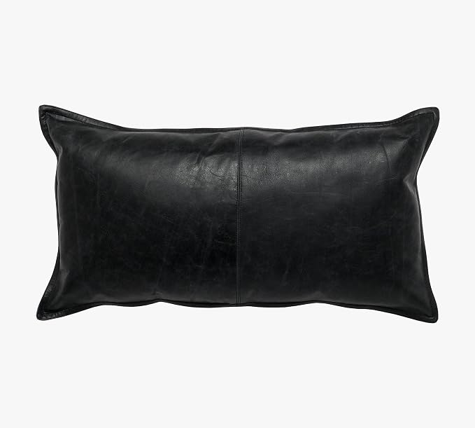 Genuine Leather Pillow Cover Case for Lumbar Throw Couch Pillows - Modern Farmhouse Decorative Sofa Thick & Soft Cushion Covers (Black - Leather Front & Back, 12" x 20")