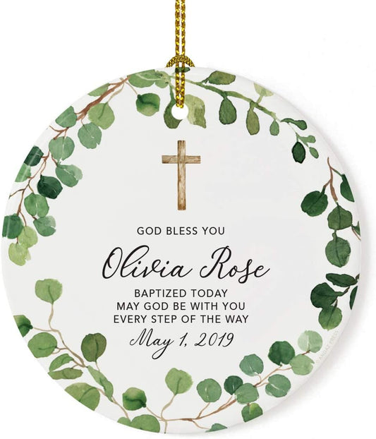 Andaz Press Personalized Round Ceramic Porcelain Christmas Ornament Gift, God Bless You Olivia Rose Baptized Today, Farmhouse Eucalyptus Wreath, 1-PackCustom Christening Gift Ideas