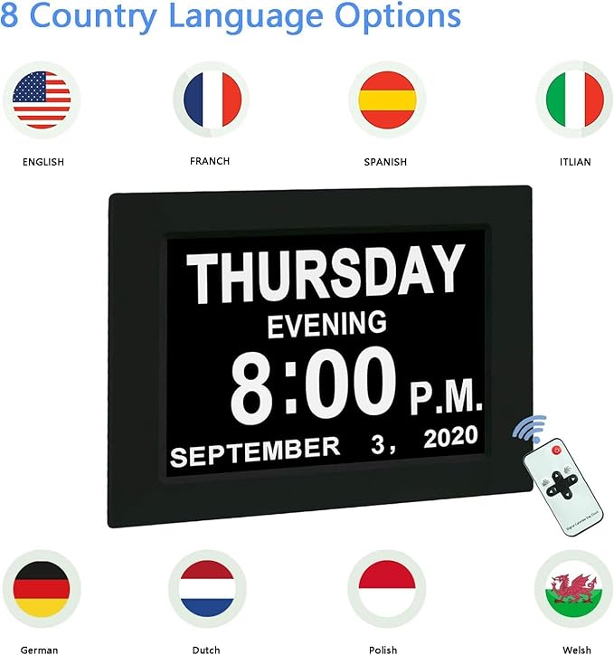 New 2026 Digital Calendar Alarm Day Clock - with 8" Large Screen Display, am pm, Multiple Alarms, for Impaired Vision People, The Aged Seniors, The Dementia, for Desk, Wall Mounted, Black