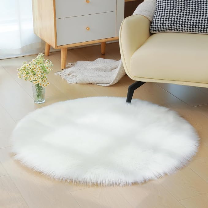 Faux Fur Rug Fluffy Sheepskin Area Rug,Ultra Soft Shaggy Plush Rug Bedroom Living Room Sofa Floor Kids Room Bedside（3 x 3 ft Round White）