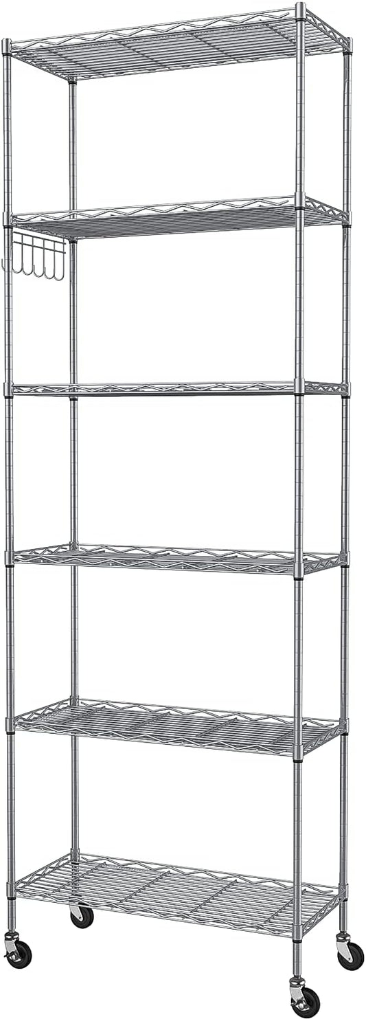 Homdox 6-Tier Storage Shelf Wire Shelving Unit Free Standing Rack Organization with Caster Wheels, Stainless Side Hooks, Silver Gray | Rack Organization, with Caster Wheels, Stainless Side Hooks