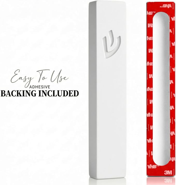 SURI Mezuzah for Door – 5 Inch White Concrete Mezuzah Case with Non Kosher Scroll, Self-Stick Jewish Entry Design, Fits a 4 Inch Scroll, Gift Box Included