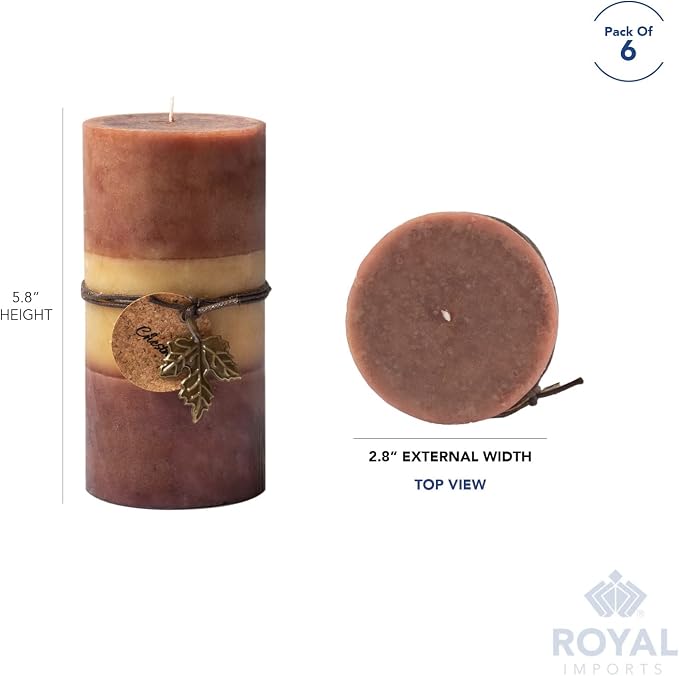 Royal Imports 3"x6" Fall Pillar Unscented Candles for Thanksgiving, Autumn, Halloween and Harvest, Rustic Farmhouse Wedding & Holiday Home Decor, Dripless & Smokeless, Set of 6 - Brown Ombre Wax