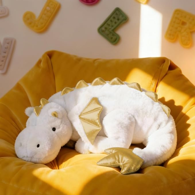 ARELUX Large 36in Cute Dragon Stuffed Animals Plush Toy Soft White Pterosaur Plushie Giant Fuzzy Dinosaur Pillow Plushies with Gold Wings Cuddly for Friends Family Member