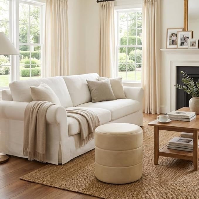 HomePop Upholstered Faux Leather Round Ottoman (No Lid, Seat Only) | HomePop Home Décor | Round Pouf Foot Rest – Cream Faux Leather