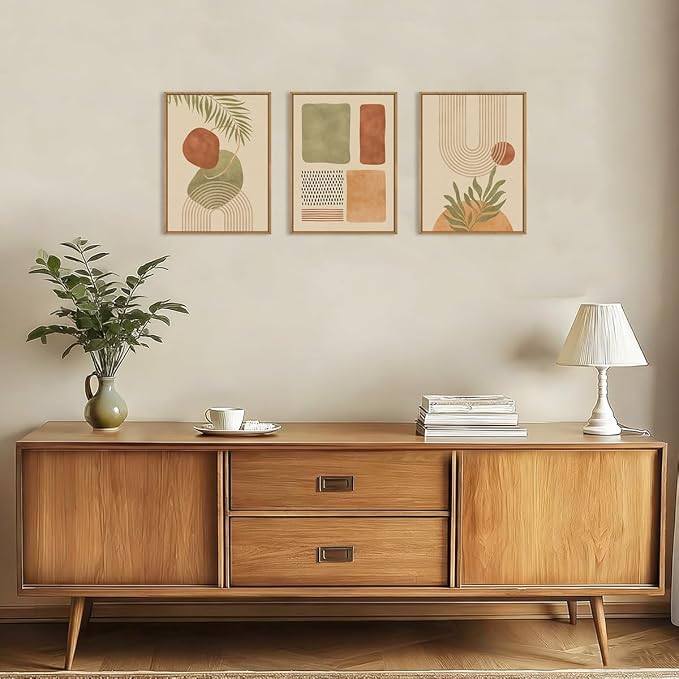 Boho Sage Green Framed Canvas Wall Art,Abstract Geometric Beige Wall Decor,Mid Century Modern Art Prints,Neutral Botanical Leaf Artwork for Living Room,Bedroom,Office -12"x16"x3