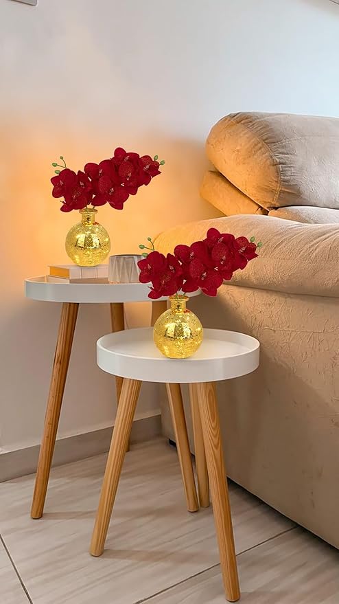 Red Orchids Artificial Flowers Faux Orchid Arrangement with Gold Glass Vase Set of 2 Real Touch Phalaenopsis Orchid Flowers Orchid Centerpiece for Dining Room Table
