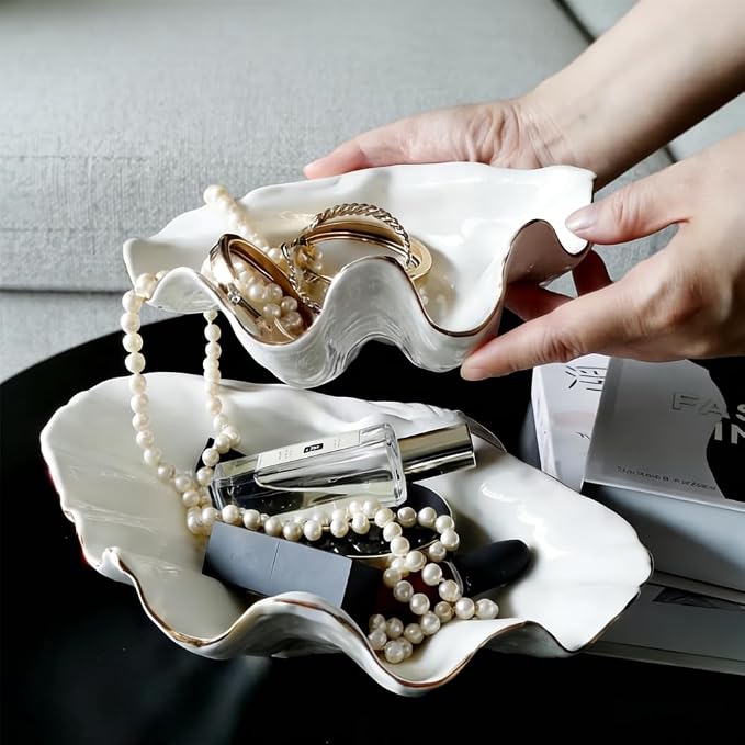 White Shell Decorative Bowl – 11" Clam Shell with Gold Rim, Coastal Centerpiece for Bathroom Vanity, Entryway, or Living Room, Jewelry Holder, Key Tray, Fruit Bowl, Beach House Decor
