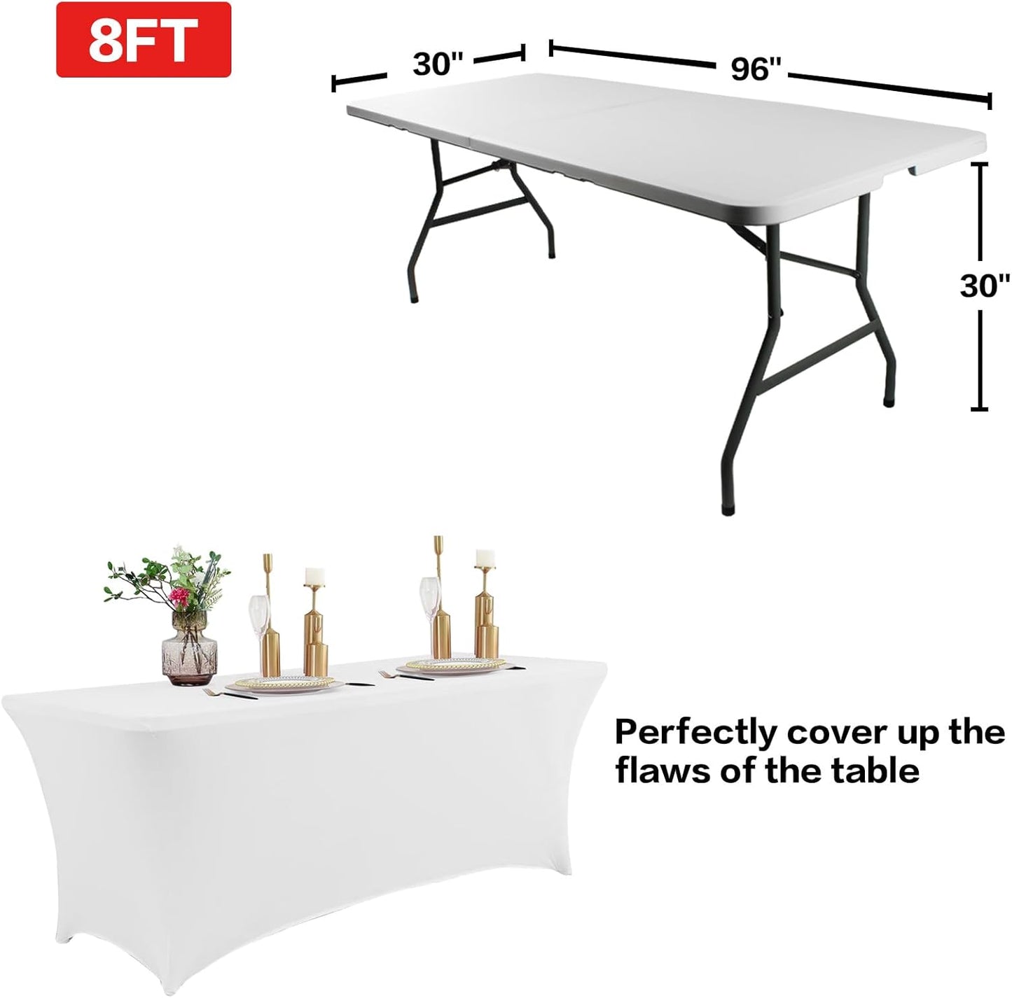 IVAPUPU 8FT Table Cloth for Rectangular Fitted Events Stretch White Table Covers Washable Spandex Spring Tablecloth Protector for Party, Wedding, Cocktail, Banquet, Festival