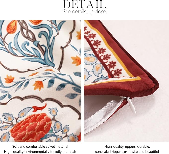 patdrea Designer French Velvet Throw Pillow Cover,Set of 4,-Moritz ABAC | Elegant Lumbar Pillow Case,Rust Red Floral and Bird Pattern,Decorative Pillow Cover for Couch Living Room Bedroom