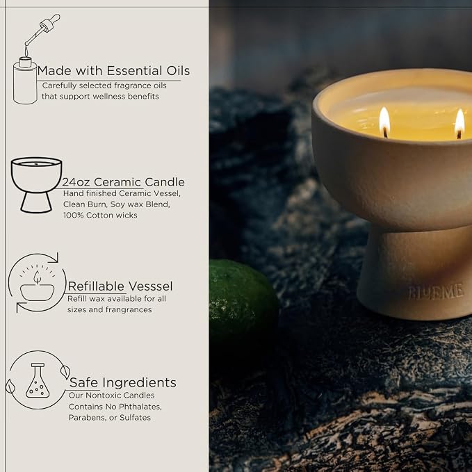 Blueme Nostalgia Candle | Bergamot & Musk | 4 Wick - Refillable Wellness Candle with Essential Oils, Hand Finished & Poured Soy Wax Blend Ceramic Vessel, Natural Cotton Wicks | Large 24 oz