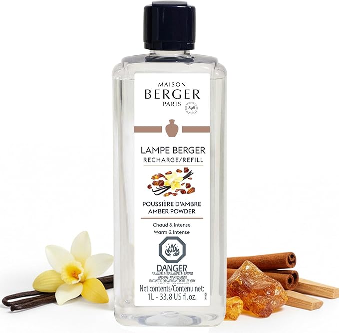 Maison Berger Amber Powder Lampe Berger Refill, 1 Liter (33.8 fl oz), 2-in-1 Catalytic System, Neutralizes Odors and Diffuses Fragrance, Rose, Cinnamon, Pepper, Amber, Made in France