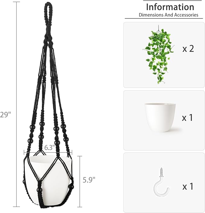 Mkono Fake Hanging Plant with Pot, Artificial Plants for Home Decor Indoor Macrame Plant Hanger with Fake Vines Faux Hanging Planter Greenery for Bedroom Bathroom Kitchen Office Decor (1, Black)