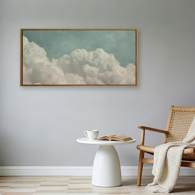 QTUSYUR Sage Green Cloud Wall Art - Large Farmed Floating Art Print -Surreal Sky Canvas Artwork for Bedroom Living Room Yoga Room- Minimalist Zen Peaceful Wall Picture for Over the Bed Decor 20×40 IN