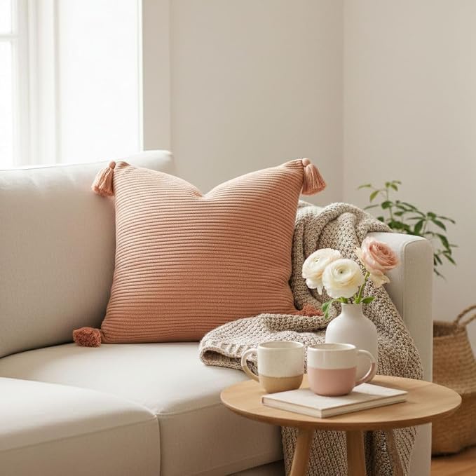 20x20 Ribbed Knit Throw Pillow Cover with Tassel Corners – Soft Pink Clay Valentine’s Day Gift – Evocative Earthy Decor for an Elevated Space