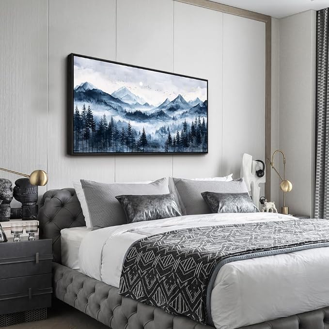 ERQINHUA Black Framed Canvas Wall Art For Bedroom Large Wall Decor For Living Room Modern Office Home Decorations Printed Misty and Fog Forest Painting Mountain Landscape Wall Aesthetics 24x48 In