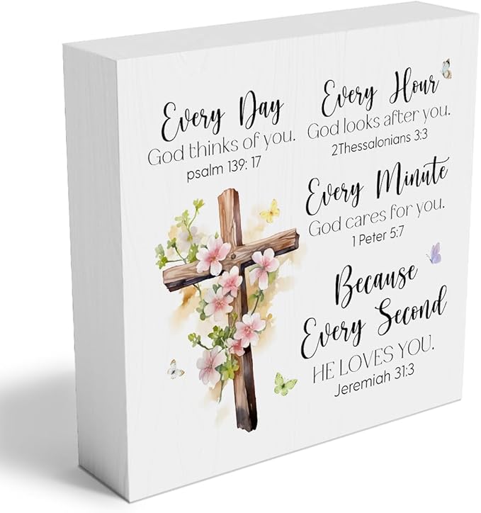 Every Day God Thinks Of You Wooden Box Sign Inspirational Cross Jesus Decor Prayers Religious Scripture Gifts for Women Men Mom Sister Friends Birthday Male Coworker 5 x 5 Inch