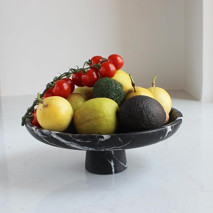 Nawgnail Natural Black Marble Fruit Bowl for Kitchen Counter 10.2", Large Decorative Bowl Pedestal for Home Decor, Fruits Holder For Dining Table - Kitchen Organization