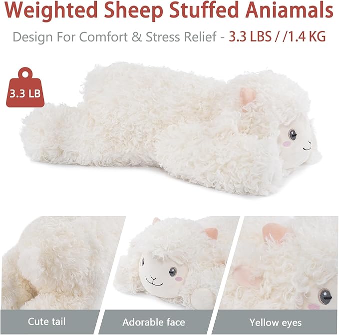 Niuniu Daddy 20" | 3.3 Pound Sheep Weighted Stuffed Animals, Large White Goat Pillowfort Stuffed Lap Animal Toys for Kids Adults, Big Plush Body Pillow for Presents Birthday Christmas Holiday