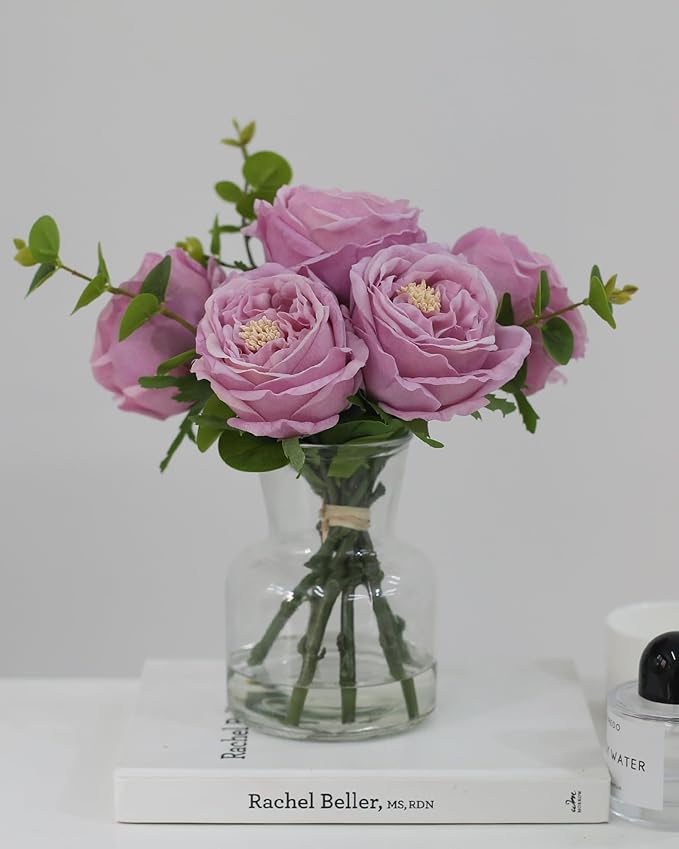 CHASMILE Artificial Flowers with Pinkish-Purple Peonies in Vase, Fix Lifelike Fake Flowers in a Vase with Artificial Water, Faux Flower Arrangements for Dining Table Centerpiece Decor