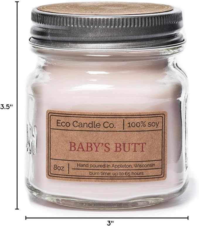 ECO CANDLE CO. Mason Jar Candle, Baby's Butt, 8 oz. - Scents of Lavender, Baby Powder, & Vanilla - 100% Soy Wax, No Lead, Kraft Label & Antiqued Pewter Lid, Hand Poured, Midwest Grown Soybeans