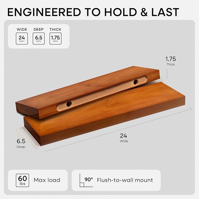 Homeforia 24inch Oak Floating Shelf for Wall, High End Solid Real Wood 24 inches Long Floating Shelves for Bathroom, Honey Oak Wooden Floating Shelves, Heavy Duty Bracket, 24 X 6.5 X 1.75 in, Set of 2