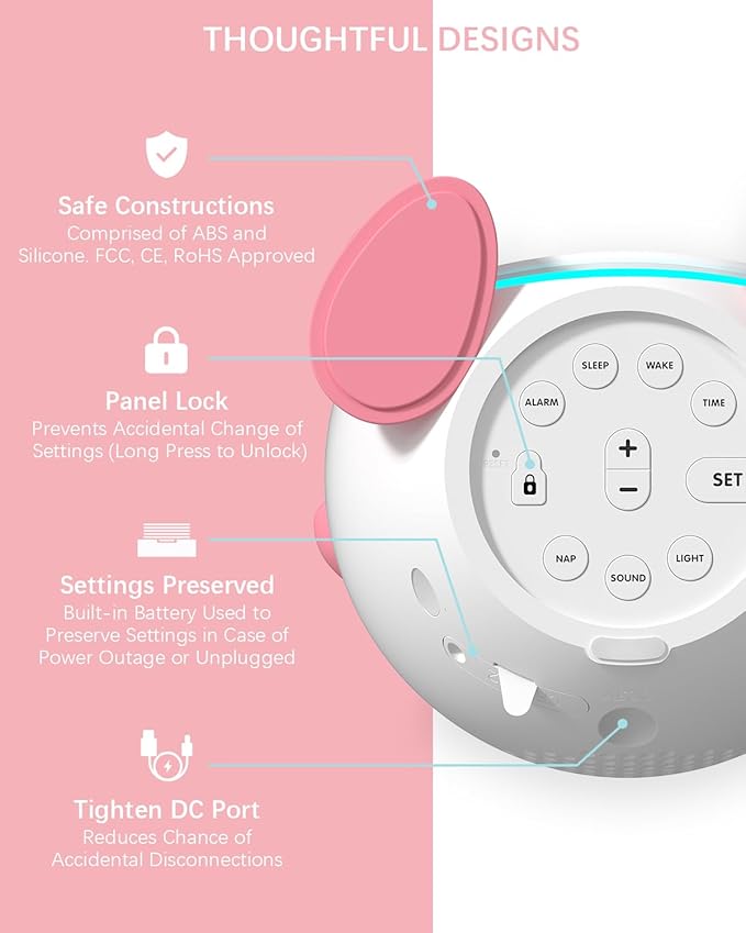 OK to Wake Clock for Kids, Sleep Training Clock with Night Light and Sound Machine, Kids Alarm Clock for Bedrooms (Pink)